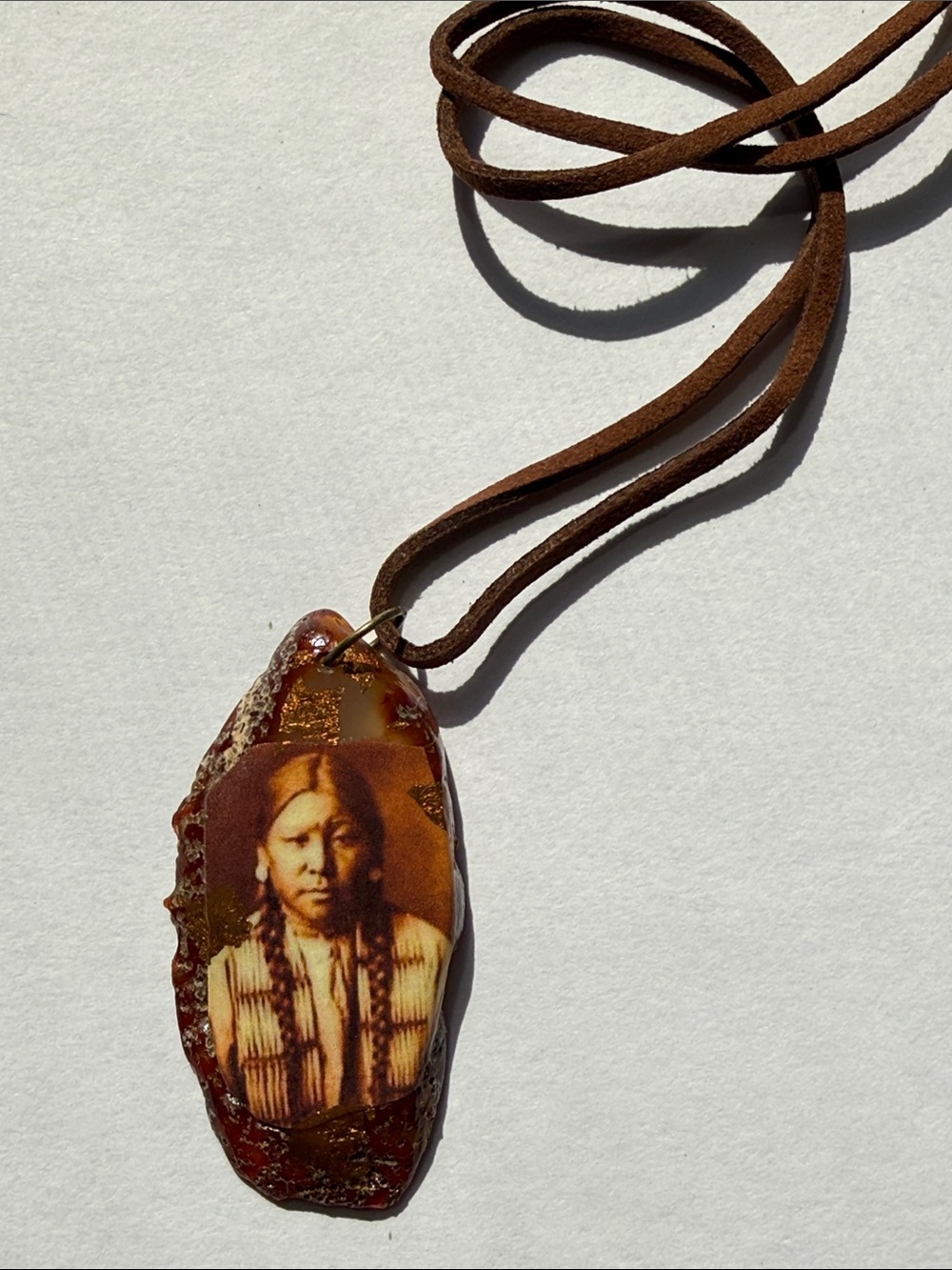 Vintage American Indian with Brown Leather Cord Choker Necklace w Sepia Portrait